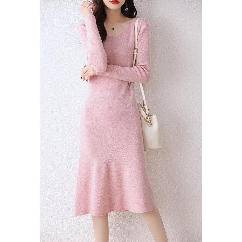 V-Neck Wool-Cashmere Sweater Dress for Women - Slim Fit, Mid-Length, Over-the-Knee, Autumn/Winter Style