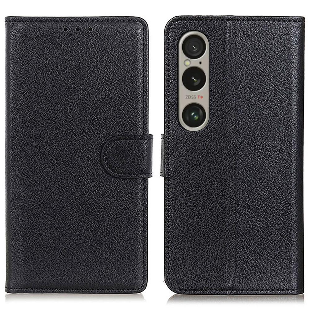

For Sony Xperia 1 VI Magnetic Clasp Leather Case Wallet Phone Cover with Litchi Texture Black