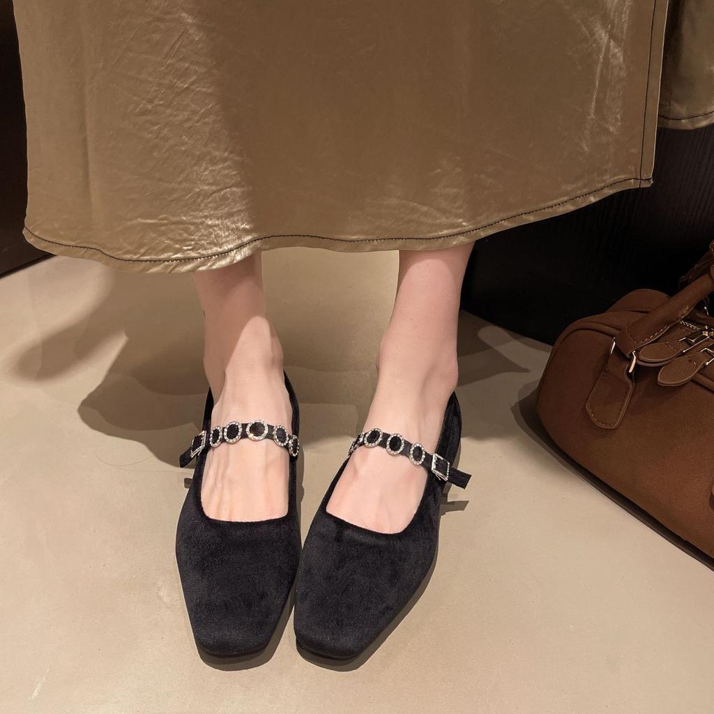 British style versatile square head thick heel with Mary Jane shoes Internet celebrity explosion suede low heel light mouth single shoes