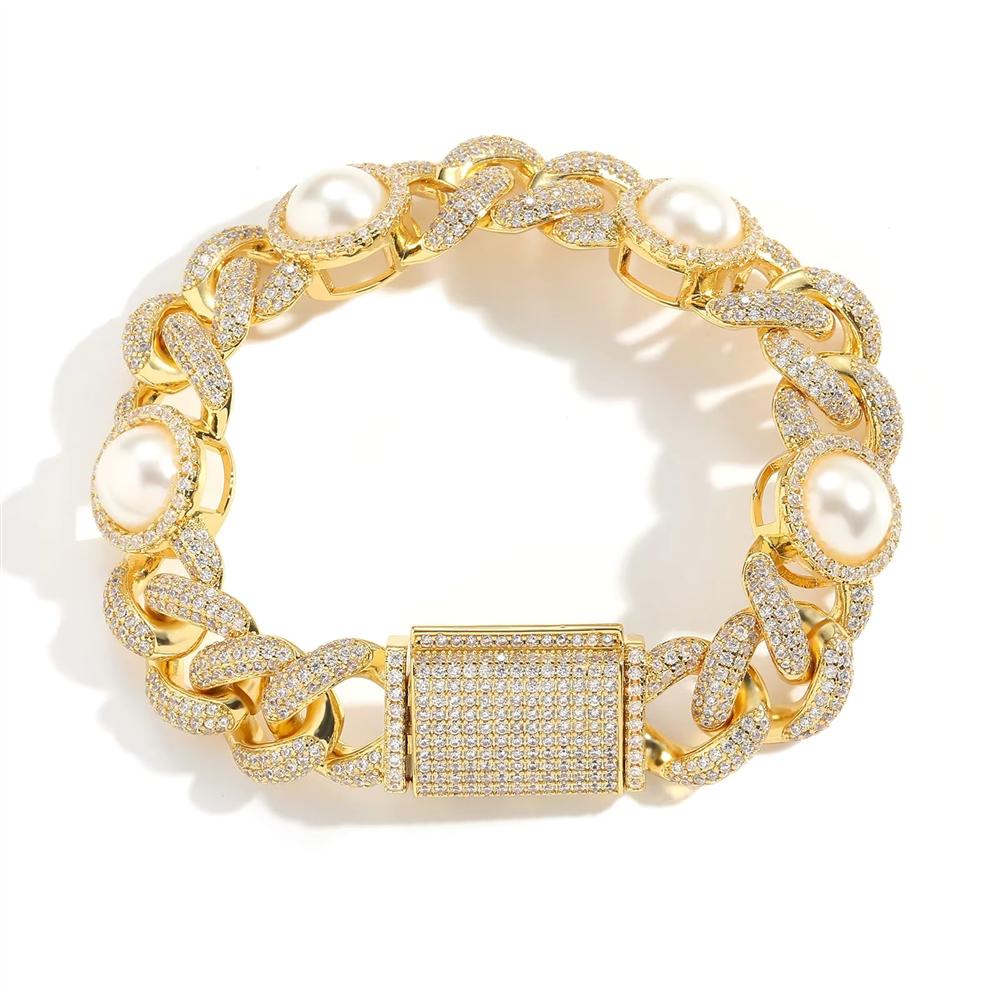 Personalized Hip Hop Jewelry Inlaid Pearl Cuban Chain Bracelet 15mm Bling CZ Iced Out Cuban Chain Pearl Bracelet