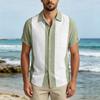 Men Short Sleeve Casual Button Down Shirt Relaxed Fit Lightweight Fabric Vertical Stripe Pattern Lapel Collar Pocket Design
