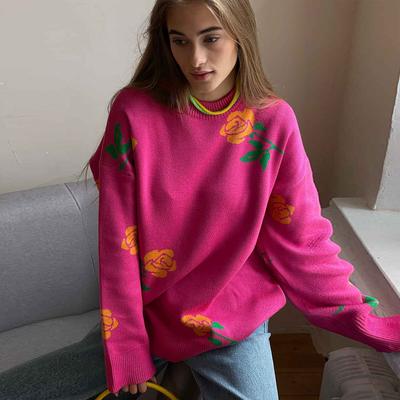 Autumn Winter Rose Print Sweater Women's Round Neck Loose Pullover Versatile Daily Comfortable Knitted Undercoat Top