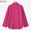 ZANZEA Women Casual Turn Down Collar 3/4 Sleeve Loose Hollow Out Patchwork Blouse