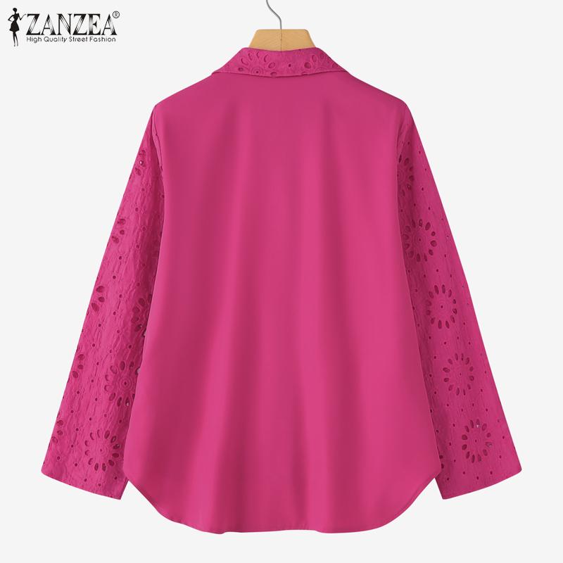 ZANZEA Blusa Casual para Mujer con Cuello Vuelto, Manga 3/4 Holgada, Calada, Patchwork