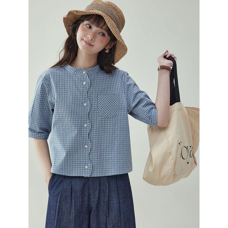 

North Island Amuu Original Sweet Blue Plaid Wave Button Shirts Women Summer New Pure Cotton Half Sleeve Top Blue Gingham 1 S