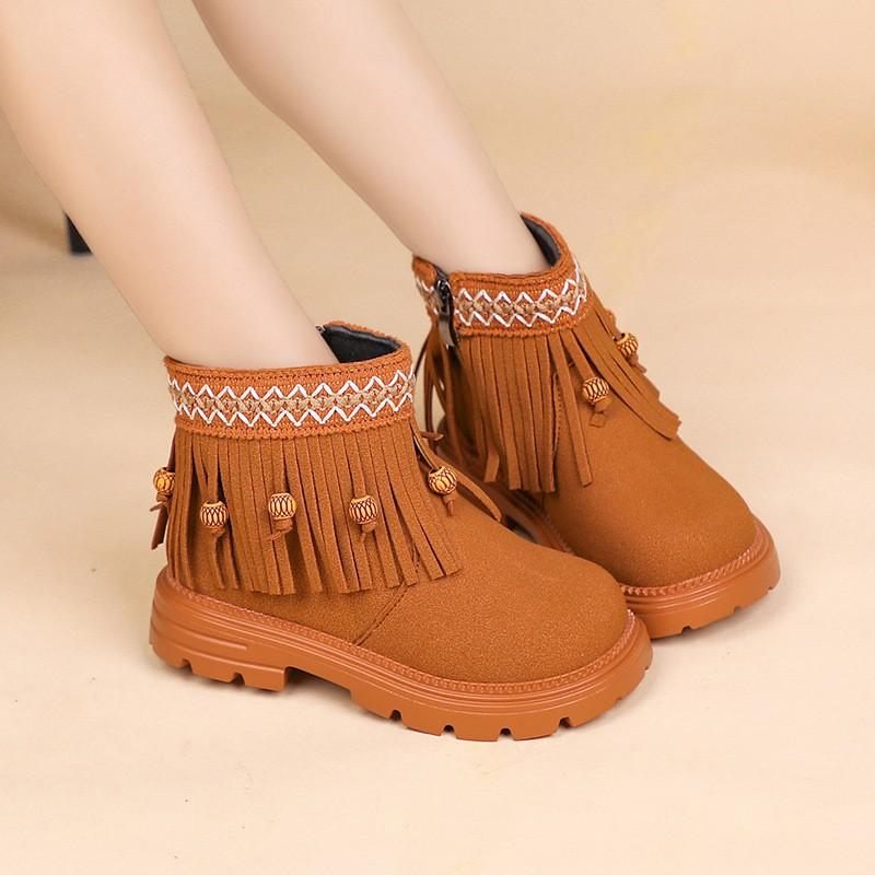 Girls Winter Boots With Tassel Trim Faux Leather Mid-Calf Warm Shoes Kids Ages 4-12 Rubber Sole Anti-Slip