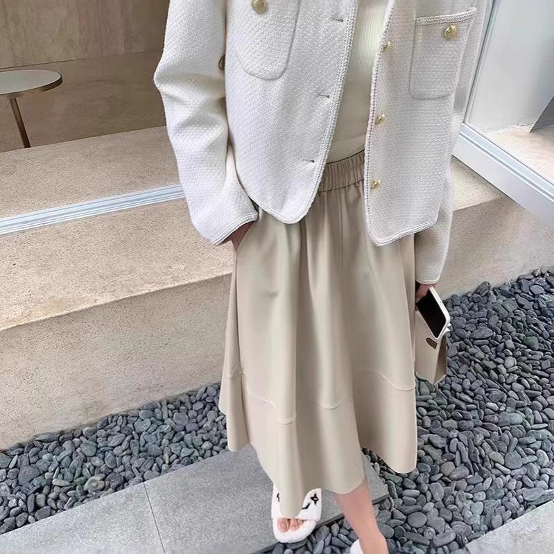 Herbst/Winter 2025 Hochtaillierter Schlankmachender A-Linien-Midi-Rock aus Lammleder für Damen - Vielseitig & Weich