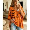 Halloween Printed T-shirt, Pumpkin Lantern Ghost T-shirt, Plus Size Women's V-neck Bat Sleeve Seven Quarter Sleeve Casual Top