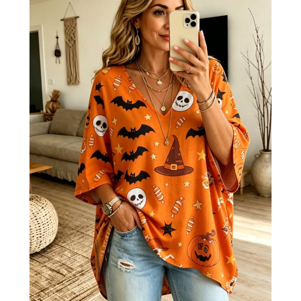 Halloween Printed T-shirt, Pumpkin Lantern Ghost T-shirt, Plus Size Women's V-neck Bat Sleeve Seven Quarter Sleeve Casual Top