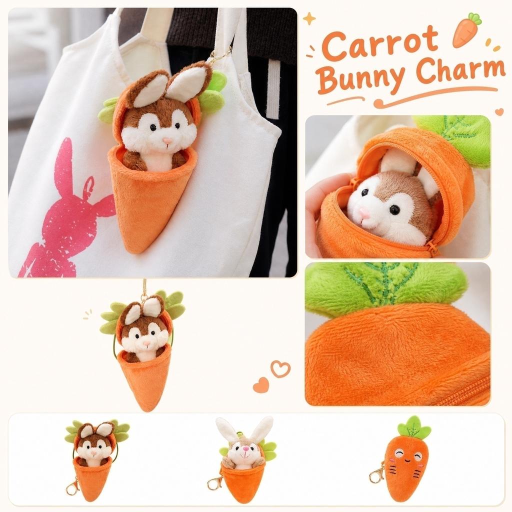 Plush Rabbit Toy Keychain Soft Stuffed Animal Bunny in Carrot Shaped Pouch Plush Key Ring Accessory for Bags and Backpacks