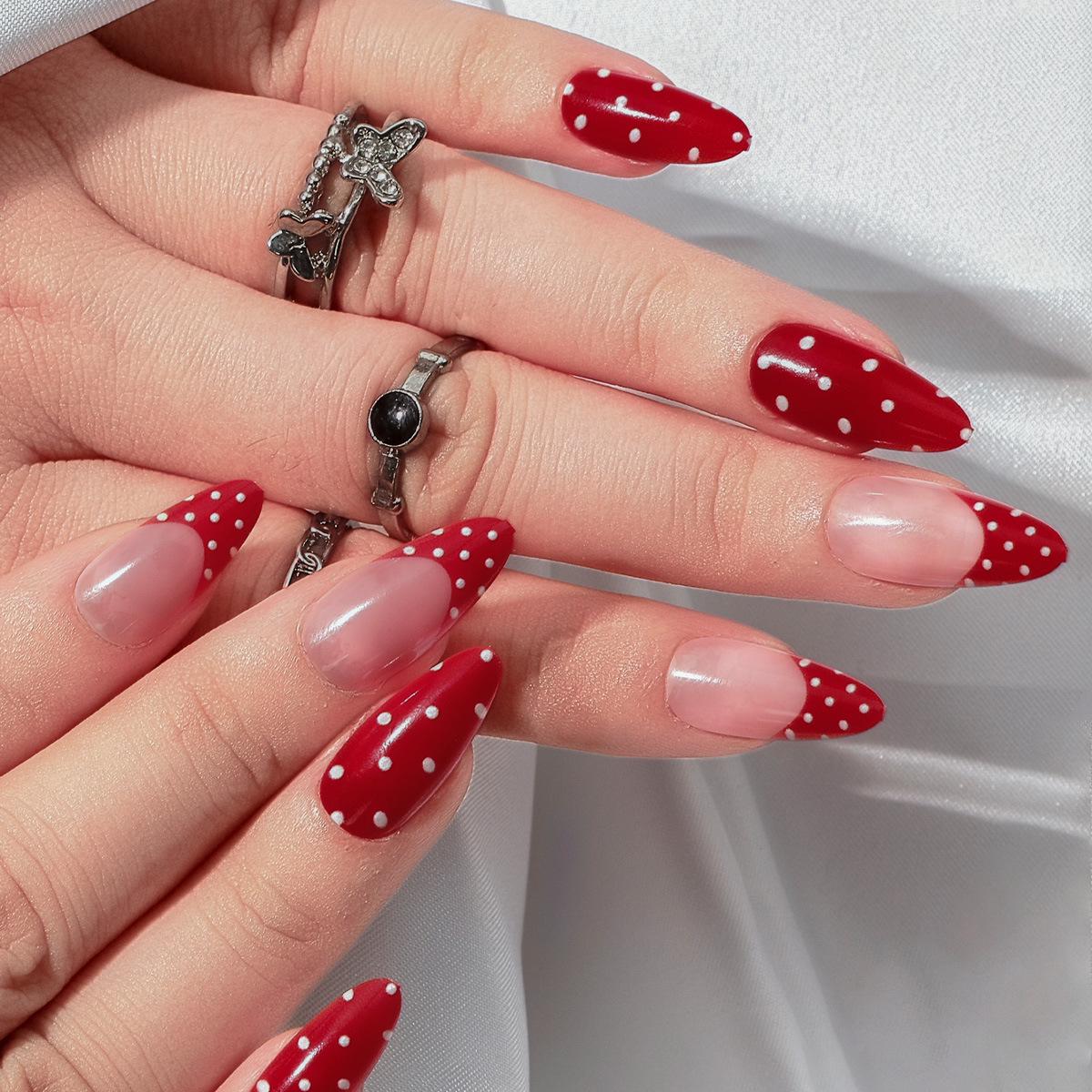 Red Polka Dot Press-On Nails: Water Drop French Style