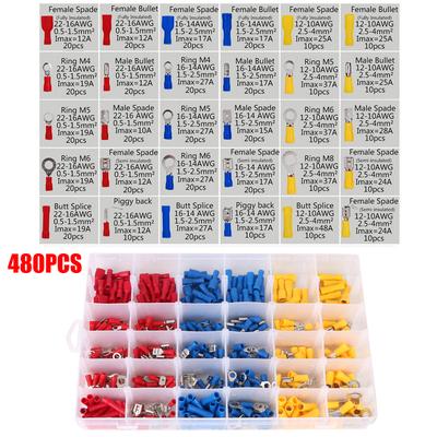 Rolled Terminals Electrical Wire Crimp 280/480PCS Assorted Kit Insulated Cable Connector Spade Butt Ring Lugs Fork Set