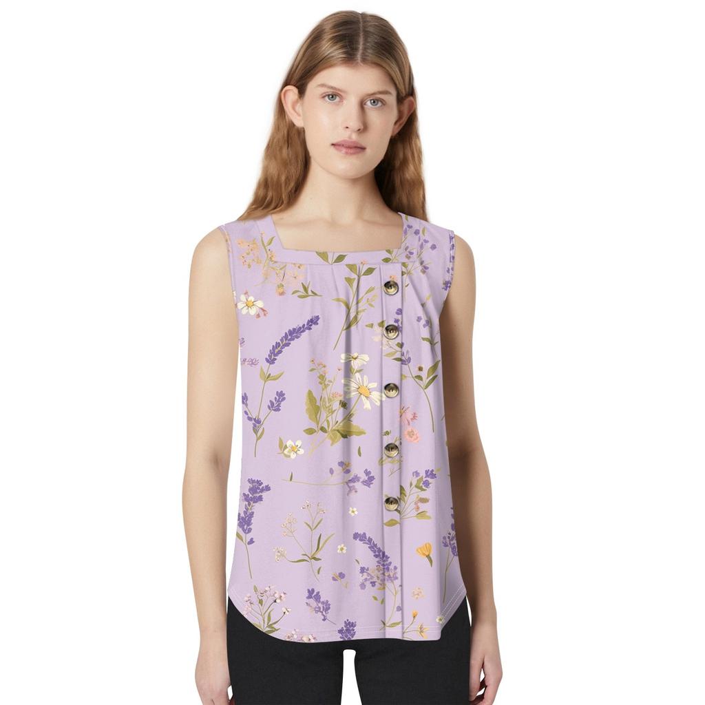 Women's Fashion Casual Basic Pleated Plain Button Square Collar Sleeveless Vest Print Summer Tank Tops