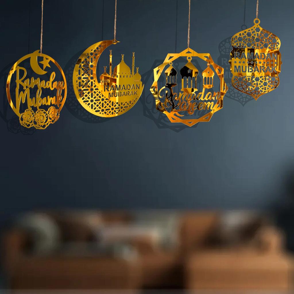 Eid Mubarak Pendants Ramadan Decoration 2025 Acrylic Gold Moon Star Ornaments Ramadan Kareem Hanging Decor for Muslim Party
