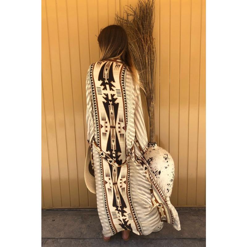 Moda feminina primavera outono estampa geométrica manga comprida decote em v cintura solta vestidos casuais