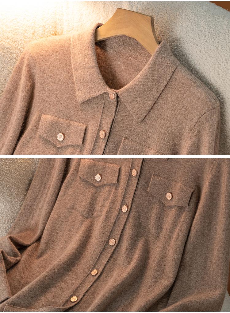 2025 Fall/Winter Women's Cashmere Polo Collar Tie-Up Cardigan with Long Sleeves