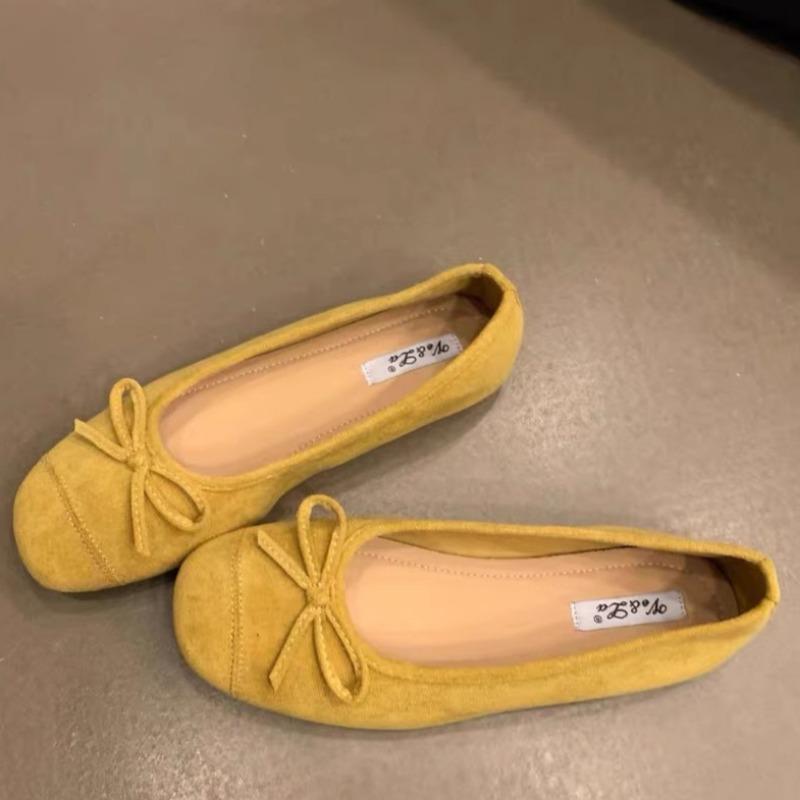 Fashion Women's Flat Shoes Spring New Square Head Shallow Mouth Splicing Butterfly Knot Soft Sole Anti-slip Wear-resistant Single Shoes