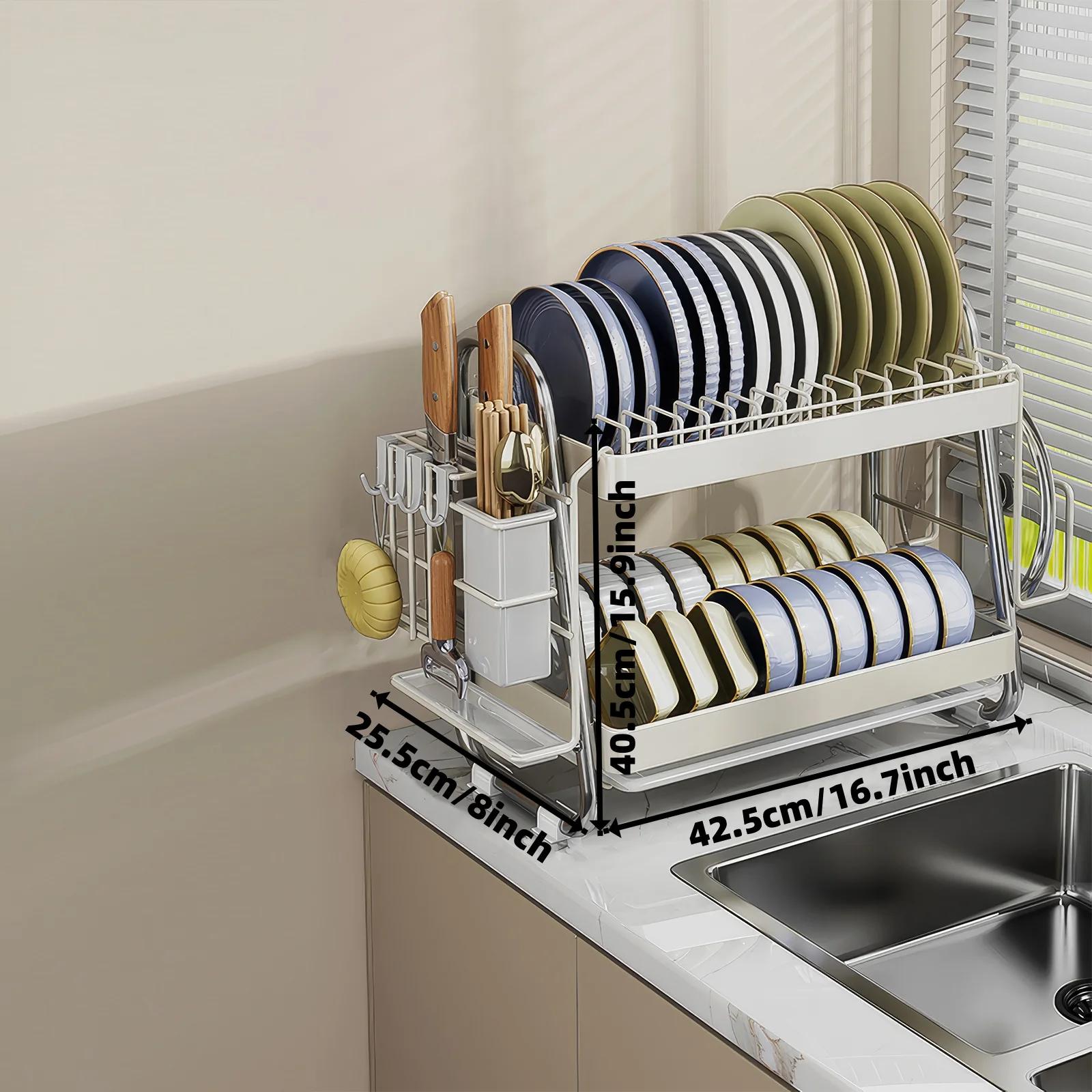 

Stainless steel 2-tier dish drying rack with draining tray, utensil holder and hooks, anti-rust kitchen counter dish drainer 2-tier бежевый