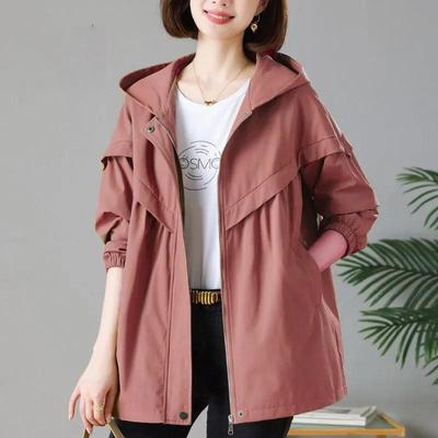 Casaco Corta-vento Casual Solto de Comprimento Médio com Capuz Confortável para Mulher para Primavera e Outono