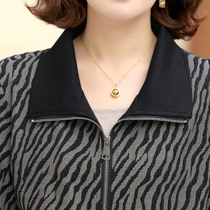Middle-aged Women's Striped Long-sleeve Turn-down Collar Casual Jacket for Spring and Autumn