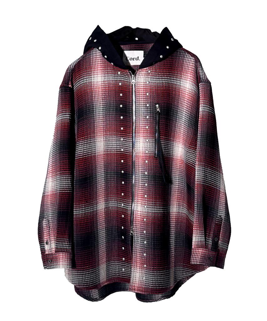 Kodeu Zipper Pocket Hooded Studded Shirt_Rd