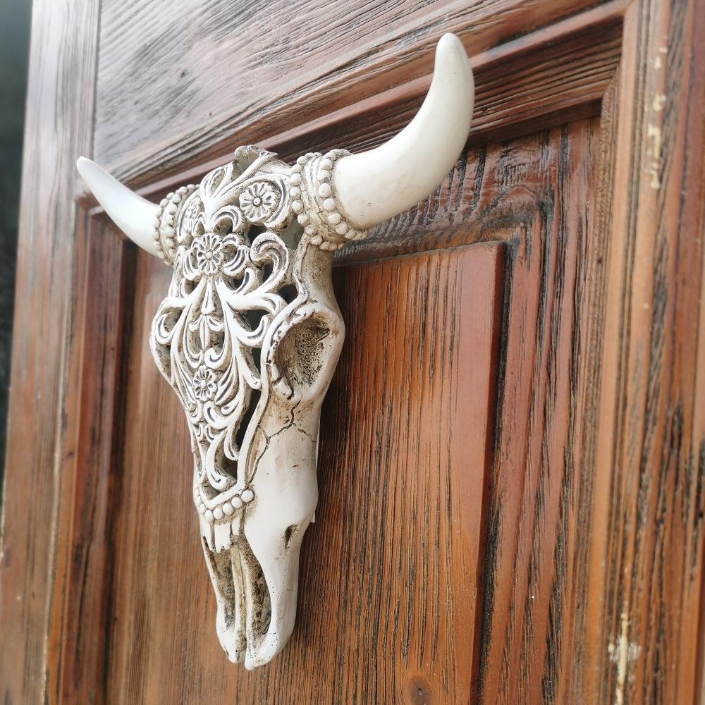 Retro Stierschädel Ornamente 3D Hohl Tier Skulptur Harz Longhorn Kuhkopf Handwerk Wandbehang Dekoration Heimdekor Figur