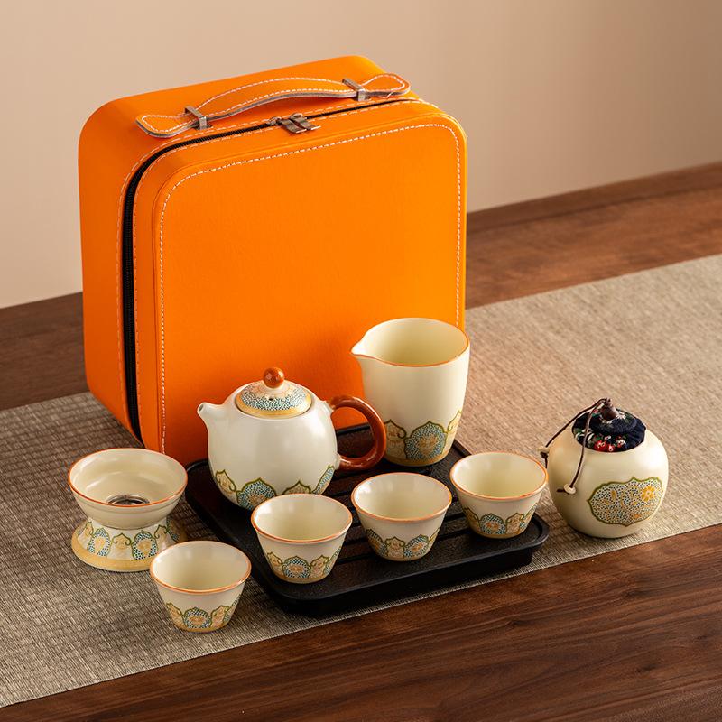 Retro high-grade Ru kiln ceramic teapot, Kung Fu tea set, teacup, tea tray, light luxury household tea making set, high-end gifts