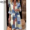 QICED Women Fashion Spring Autumn Color Block Print Long Sleeve Polo Collar Loose Waist Casual Dresses