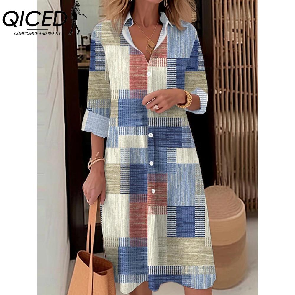 QICED Women Fashion Spring Autumn Color Block Print Long Sleeve Polo Collar Loose Waist Casual Dresses