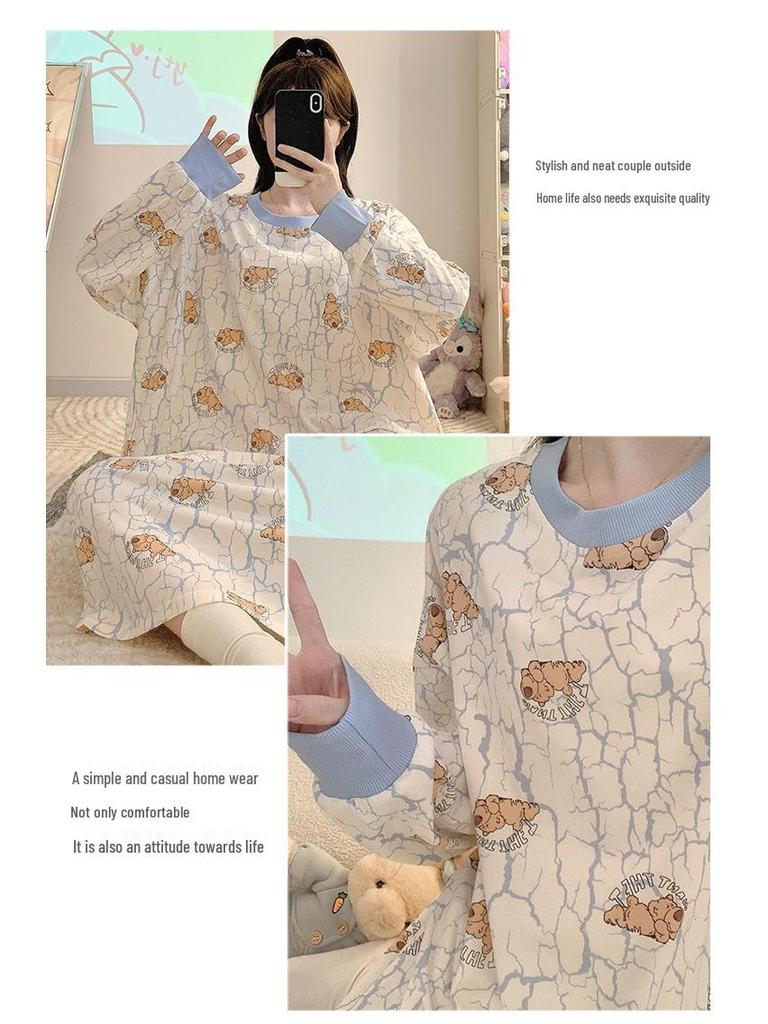 Nachthemd aus reiner Baumwolle in Übergröße mit Cartoon-Motiv (250 Jin) - Langärmliges, mittellanges Oberteil für Frühling/Herbst, geeignet für Zuhause oder als Freizeitkleidung für draußen