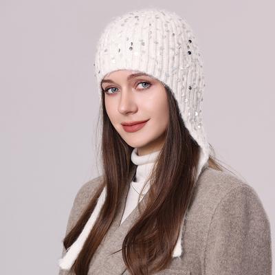 Ladies Sequined Rabbit Fur Knitted Hat Winter Warm Versatile Wool Hat Fashion Tether Ear Protector Pullover Hat