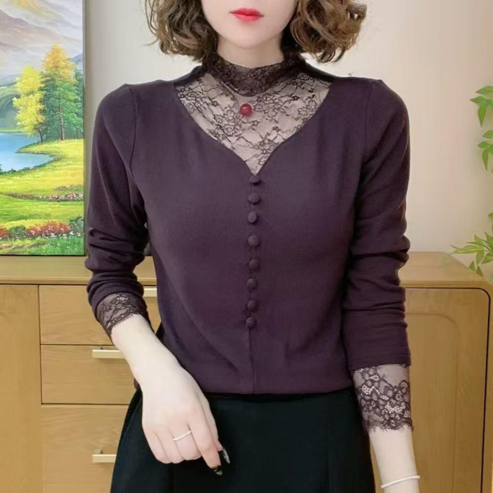 Stylish Lace Mesh High Neck Long Sleeve Top for Women - Flattering & Warm 3XL