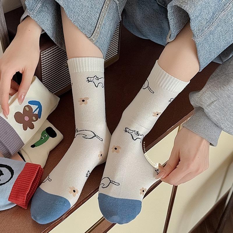 Ladies Spring and Summer Thin Cartoon Cute Dog Boneless Tube Pile Socks