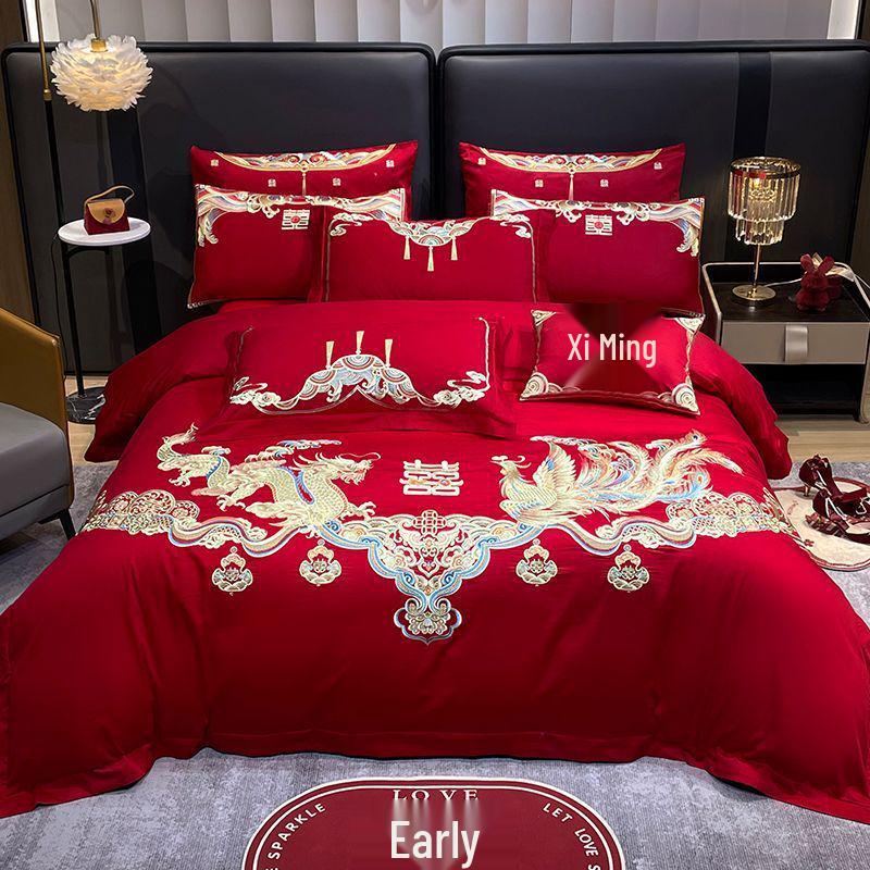 G5Z Κινεζικού Στυλ Κεντητό Κόκκινο Σετ Κλινοσκεπασμάτων Γάμου - Εορταστικό Τετραπλό Σετ με Παπλωματοκάλυμμα για Νιόπαντρα