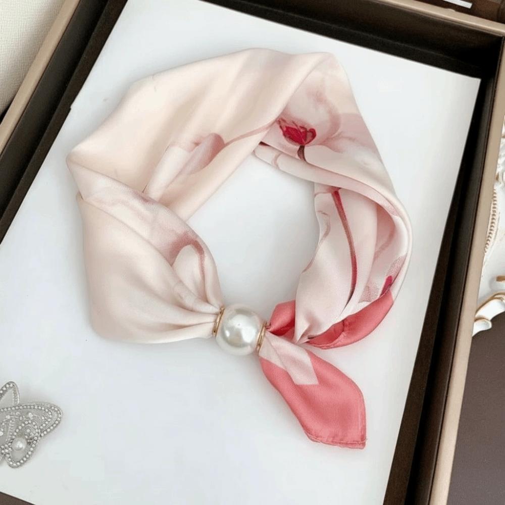 Printed Neck Scarf Pearl Buckle Neckerchief New Silk Scarf  Women
