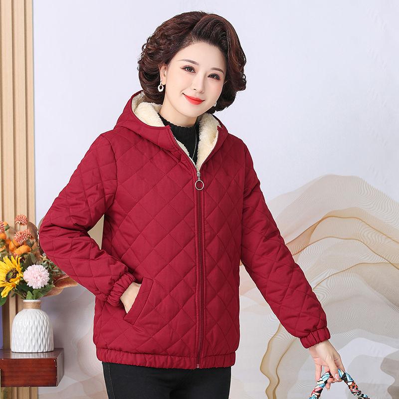 

Зимняя стеганая куртка для женщин среднего возраста, пуховая стеганая куртка с капюшоном, однотонная бархатная куртка, маленькая стеганая куртка для женщин среднего и пожилого возраста L красный