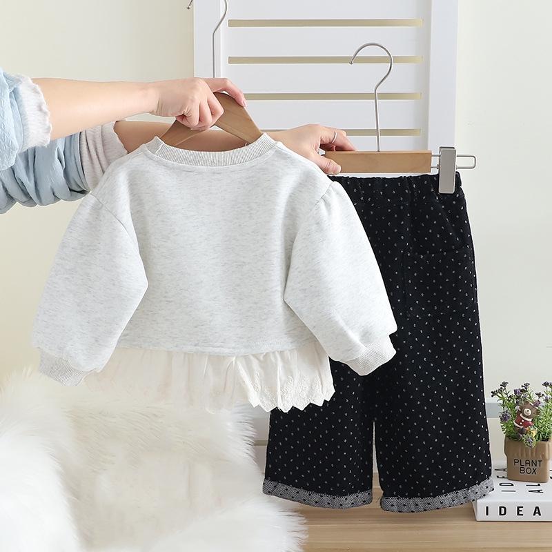 2 st/set Babyflickor Klädset Koreansk Stil Tecknat Tryck Spets Pullover Tröja + Byxor Småbarn Barn Träningsdräkter Barn Kostym