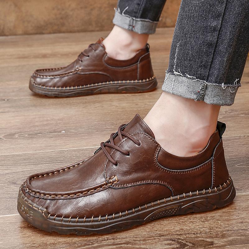 New Men's Genuine Leather Casual Shoes Handmade Soles Oxford Shoes Men's Outdoor Hiking Comfort Flat Platform Size 47