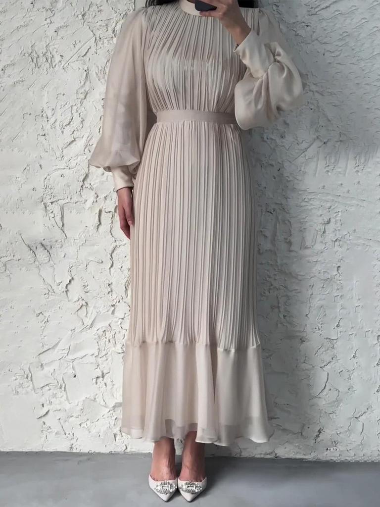 Spring & Autumn Temperament Long Dress: Solid Color Mesh Stitching with Pleated Ruffle Hem