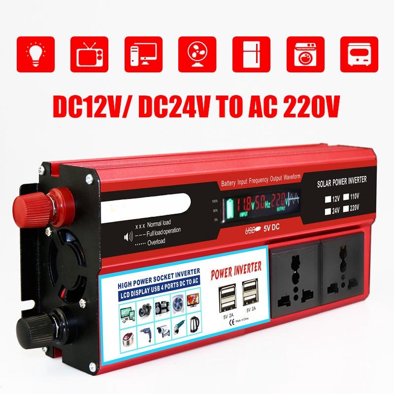 Car Solar Power Inverter 4USB LCD Display Charger Converter Modified Sine Wave Transformer 6000W DC 12/24V to AC 220V