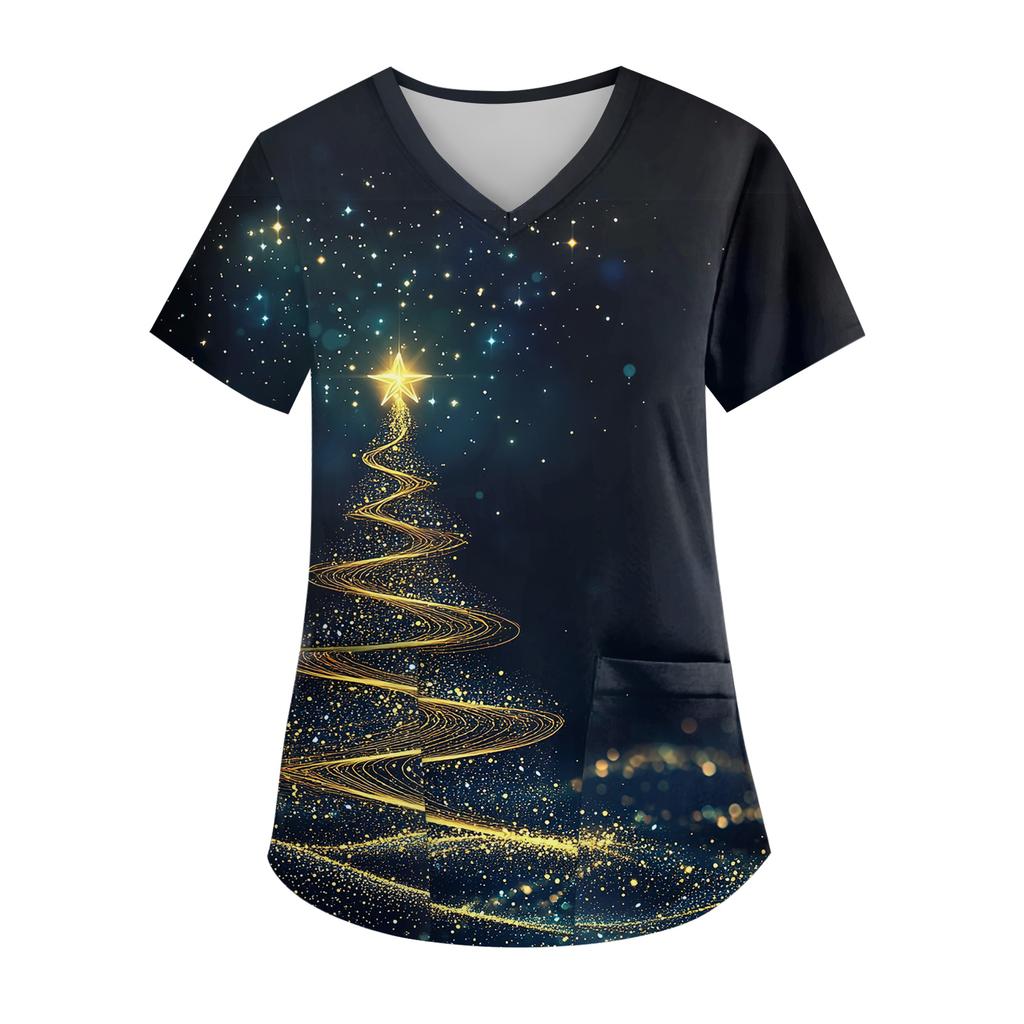 Women's V-neck Christmas Print Short-sleeved Pocket Side Slit Uniform Top
