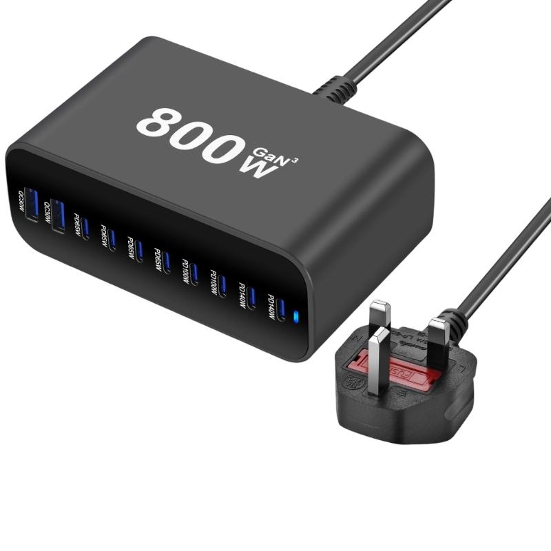 Intelligent Power Distribution 800W Charging Adapter 10 Port Design Metal Texture Suitable for Laptops and Phones