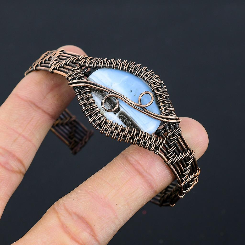 Brățară reglabilă din sârmă de cupru lucrată manual, cu opal natural Owhyee, m3Z02, cu pietre prețioase