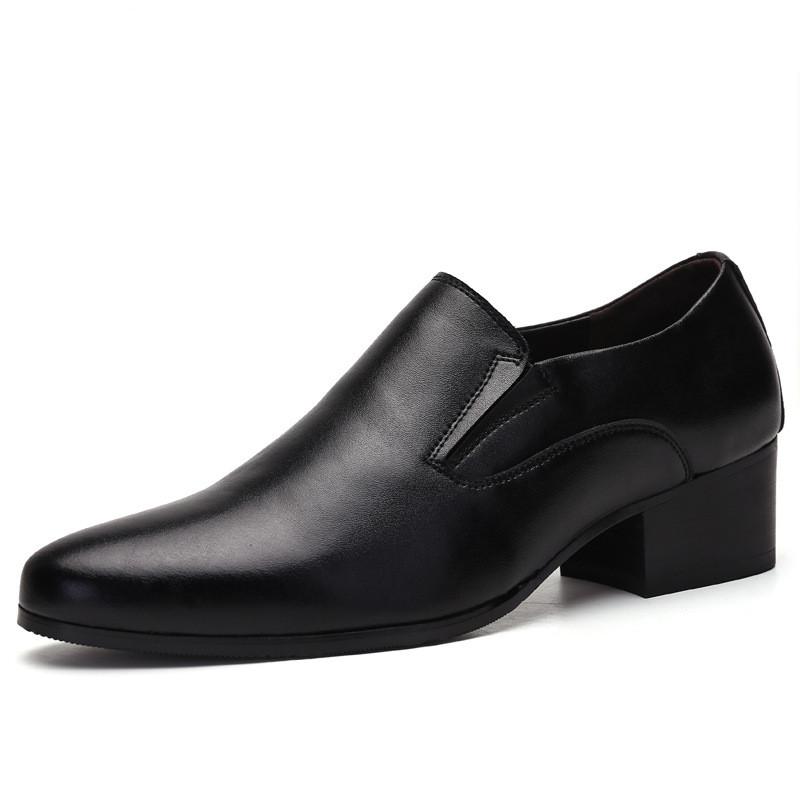 6-8cm Height Increasing Men Dress Shoes, Slip On Pointed Toe Cowhide Leather Oxfords, Classic Formal Business Black Shoes