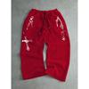 Men's Black Wide Leg Sports Pants with Flame Print Drawstring Waistband, Loose Fit, Streetwear Style Casual and Comfortable