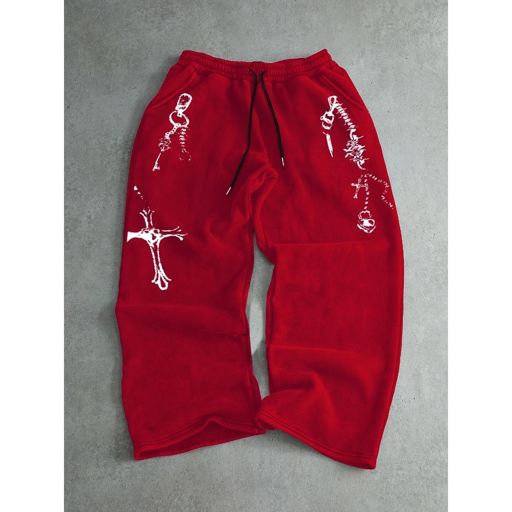 Men's Black Wide Leg Sports Pants with Flame Print Drawstring Waistband, Loose Fit, Streetwear Style Casual and Comfortable