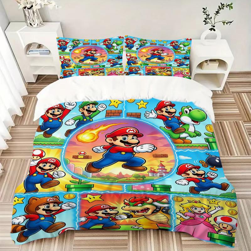 3Pcs Mario Bros Adventure Bedding Set Quilt Cover Pillowcase Home Christmas Xmas Halloween Gift 1 Duvet Cover 2 Pillowcase M92426