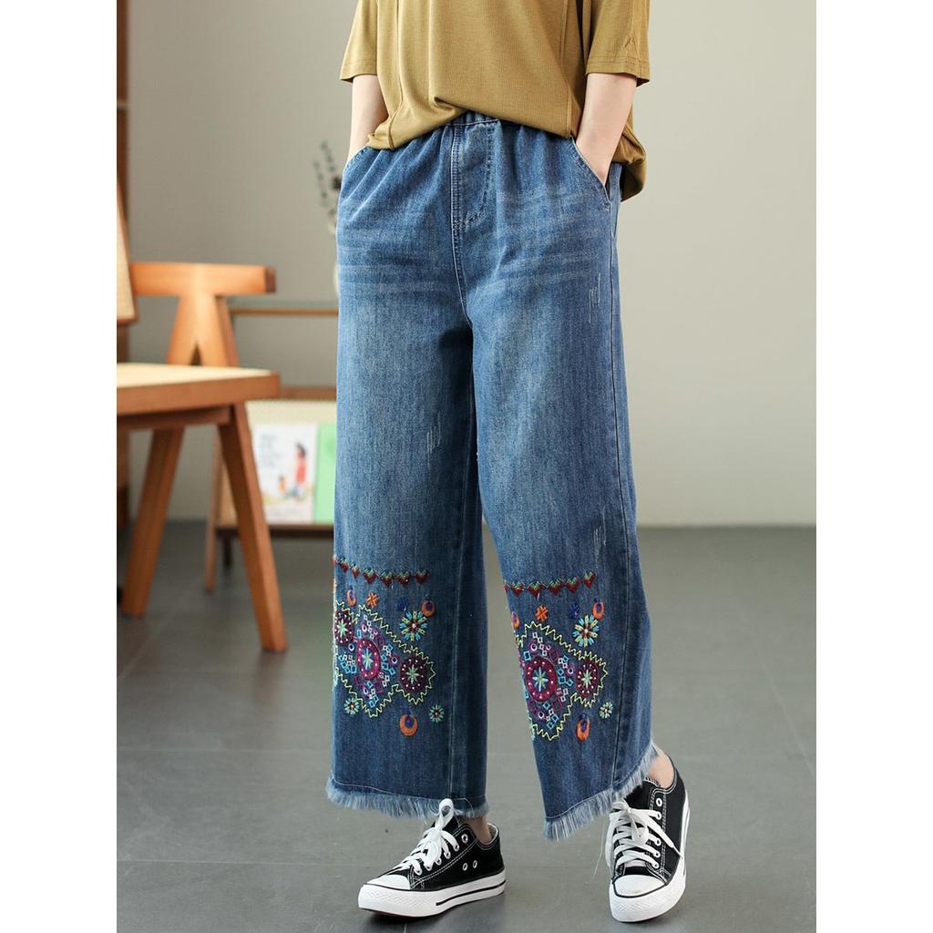 Ethnic Style Jeans for Women Spring Autumn Collection Elastic High Waisted Embroidered Loose Nine Quarter Wide Leg Pants