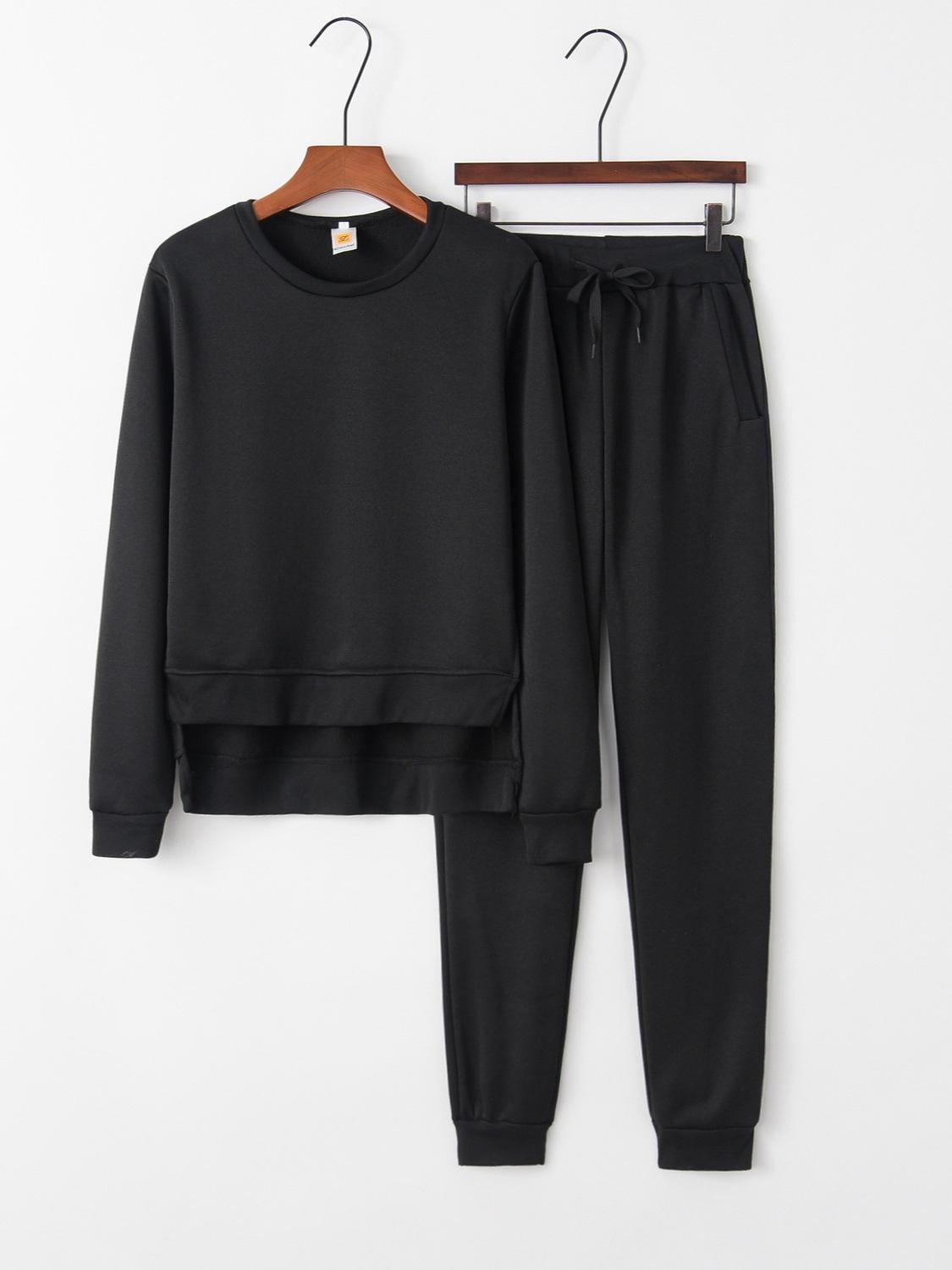 

Европейский и американский женский комплект из двух предметов: пуловер-свитшот с нерегулярным разрезом Small чёрный