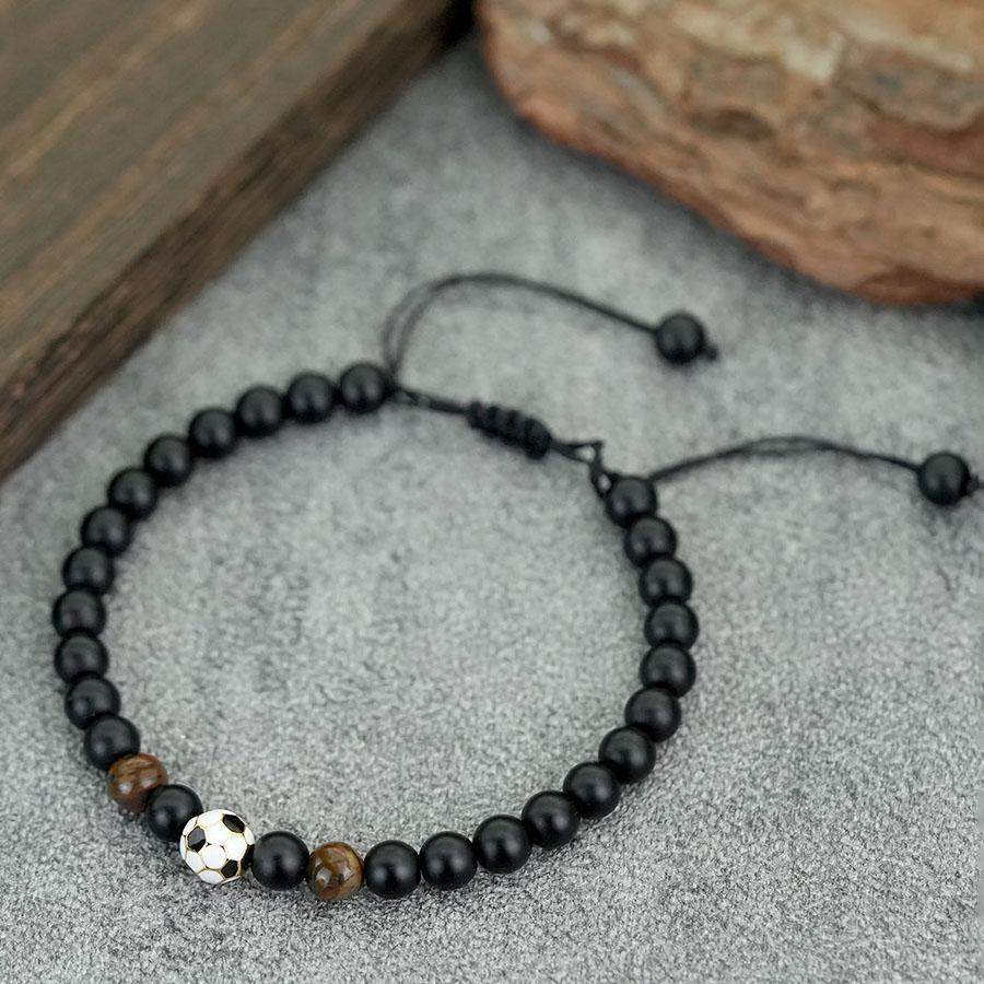 

Handmade Braided Football Bracelet Men Adjustable Black 6mm Onyx Stone Beads Braclet Sports Enthusiast Soccer Braslet Pulseria